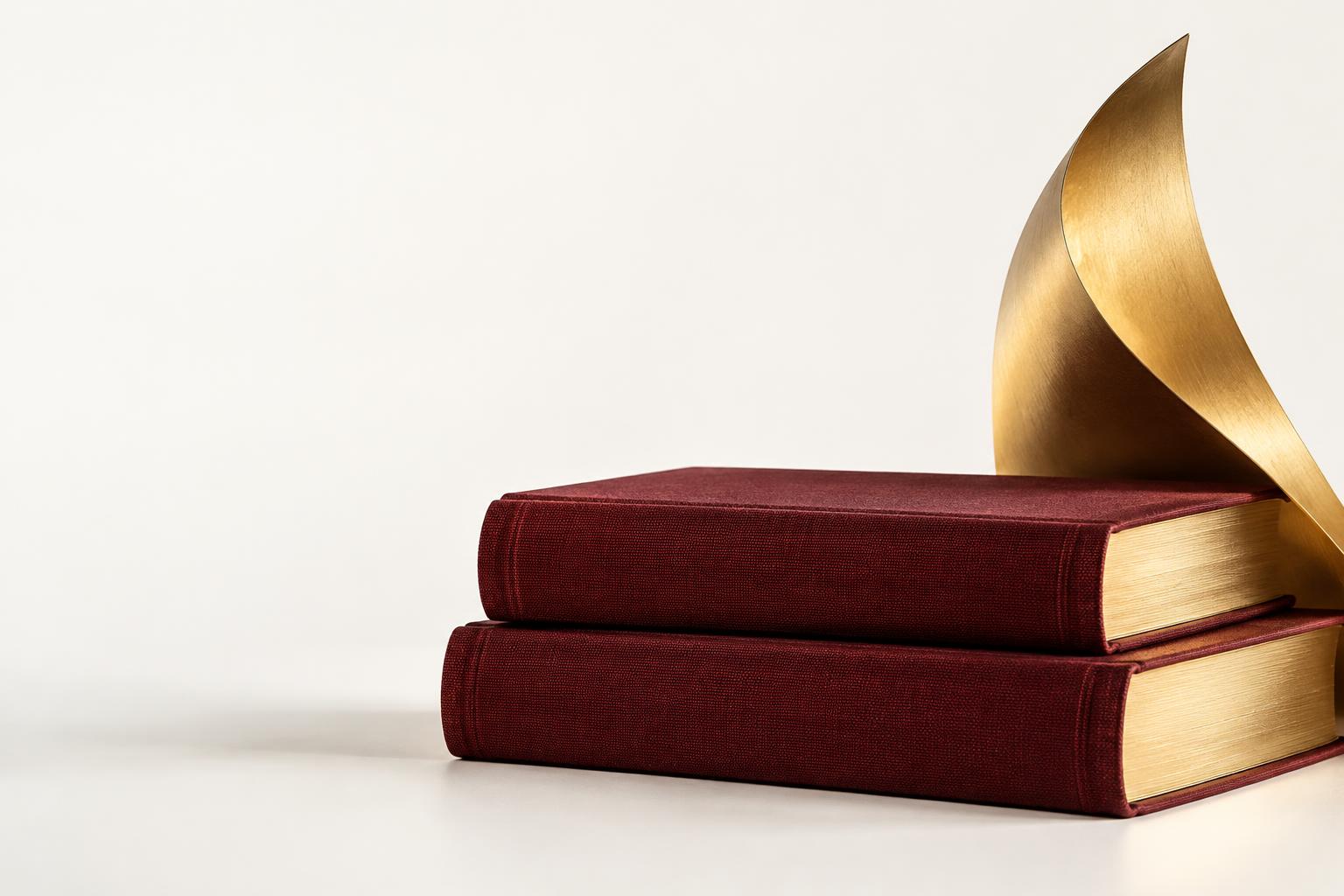 Composição artística de livros em vinho e dourado